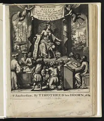 Title page of Wonderbaarlyke en ongeloofelyke reizen, door de lucht, water, land, hel, paradijs, en hemel. Gedaan en beschreven door den grooten Alexander, Gajus Plinius Secundus, den philosooph Lucianus, en den abt St. Brandanus. Amsterdam, T. ten Hoorn bookseller, 1682.