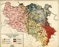 The dominant recent origin of the population of wider Central Serbia: pink, green and gray-blue – areas settled from the Dinaric Alps (mostly Old Herzegovina), Kosovo, and Romania, respectively. Dark red, yellow and dark blue: natives of Šopluk and Torlak, the South Morava Valley, and Eastern Serbia, respectively, and settlers from these areas (mostly in Central Serbia). Light red-oases of natives of Western and Central Serbia. Black dots – returnees from Vojvodina.