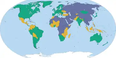 This map shows the findings of Freedom House's survey Freedom in the World 2016. The survey reports how much freedom countries had. Just because countries are the same color does not mean they are exactly the same.
  Free (86)   Partly Free (59)   Not Free (50)