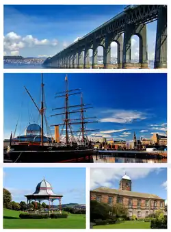 Top: Tay Rail Bridge, Middle: RRS Discovery and City Centre, Bottom left: Magdalen Yard Bandstand, Bottom right: University of Dundee.