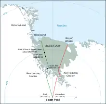  Map of a segment of Antarctica, identifying the polar marches of Scott and Amundsen. The track of Scott's journey shows the approximate locations of the deaths of the members of his polar party.