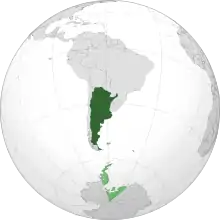 Mainland Argentina shown in dark green, with territorial claims shown in light green