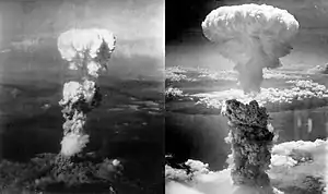 Two aerial photos of atomic bomb mushroom clouds, over two Japanese cities in 1945.