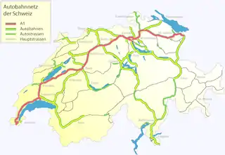 Location of the A1 within Switzerland