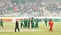 Players celebrate after taking a wicket