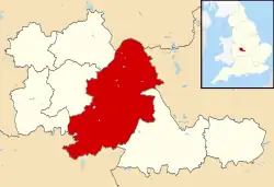 Birmingham shown in the West Midlands county