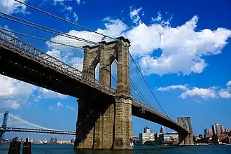 View of the Brooklyn Bridge from Manhattan; the East River is in the foreground