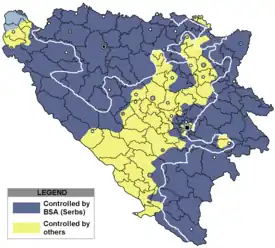 With Karadžić in charge, Serbian soldiers took over all of the blue areas on this map