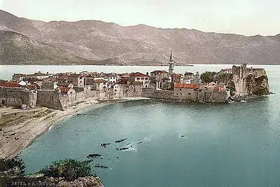 the Venetian walls of Budua/Budva in Montenegro in a 1900 postal.