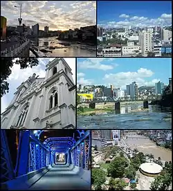 Montages of the city Cachoeiro de Itapemirim. Top left: Sunset in River Itapemirim, Top right: View of Center of Cachoeiro de Itapemirim, Middle left: St. Peter's Cathedral, Middle right: River Itapemirim, Bottom left: Night view of Iron Bridge Demisthóclides Baptista, Bottom right: Fátima Square.