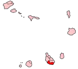 Map showing, in red, Praia in the Santiago island.