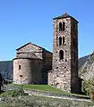 A church with a well-visible tower.