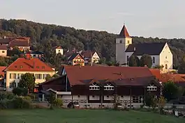 Coeuve (JU), school, gymnasium, church