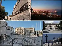 A collage of Bari, Top left: Swabian Castle, Top right: Night in Pane e Pomodoro Beach, Bottom left: Ferrarese Square, Bottom upper right: Bari University in Andrea da Bari street, Bottom lower right: View of Punta Perotti seaside area