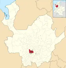 Location of the city (dark red) in Antioquia (red) comparing with Colombia