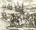 Drawing of Columbus landing on Hispaniola