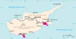 Location of Akrotiri (left) and Dhekelia (right) in pink on Cyprus (pink, grey, and beige)