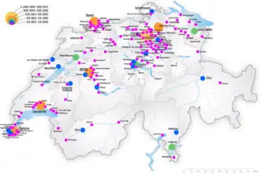 map of Switzerland with dots showing places with more than 10,000 people