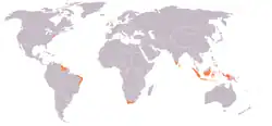 An anachronous map of the Dutch colonial Empire. Light green: territories administered by or originating from territories administered by the Dutch East India Company; dark green the Dutch West India Company.

Countries today
 Netherlands Belgium Brazil India Indonesia Malaysia South Africa Sri Lanka Suriname Taiwan United States