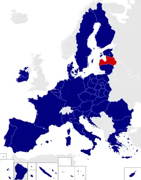 Map of the European Parliament constituencies with Latvia highlighted in red