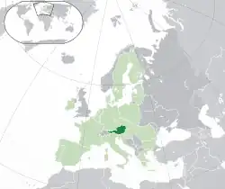 Location of  Austria  (dark green)– on the European continent  (green & dark grey)– in the European Union  (green)  —  [Legend]