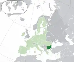 Location of  Bulgaria  (green)– on the European continent  (light-green & grey)– in the European Union  (light-green)  —  [Legend]