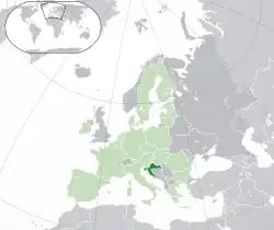 Location of  Croatia  (dark green)– on the European continent  (green & dark grey)– in the European Union  (green)  —  [Legend]