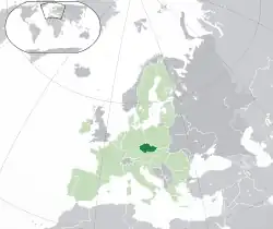 Location of the  Czech Republic  (dark green)– on the European continent  (green & dark grey)– in the European Union  (green)  —  [Legend]