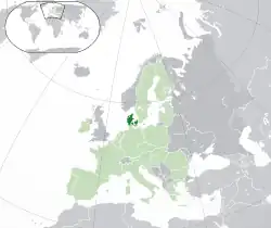 Location of  Denmark proper  (dark green)– on the European continent  (green & dark grey)– in the European Union  (green)