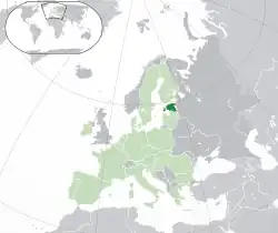 Location of  Estonia  (dark green)– on the European continent  (green & grey)– in the European Union  (green)  —  [Legend]