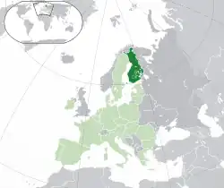 Location of  Finland  (dark green)– on the European continent  (green & dark grey)– in the European Union  (green)  —  [Legend]