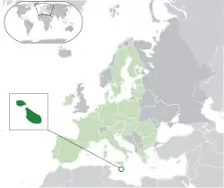 Location of  Malta  (Green circle)– on the European continent  (light green & dark grey)– in the European Union  (light green)  —  [Legend]