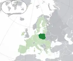 Location of  Poland  (dark green)– on the European continent  (green & dark grey)– in the European Union  (green)  —  [Legend]