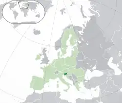 Location of  Slovenia  (dark green)– on the European continent  (green & dark grey)– in the European Union  (green)