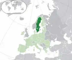 Location of  Sweden  (dark green)– on the European continent  (green & dark grey)– in the European Union  (green)  —  [Legend]