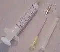 Typical single-use syringe, with the different parts shown.