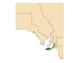 Map of South Australia with electoral district of Mawson highlighted (including Kangaroo Island)