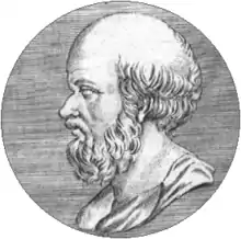 An etching of a man's head and neck in profile, looking to the right. The man has a beard and is balding.