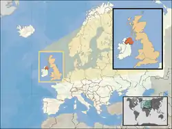 In orange is Northern Ireland 

And a lighter peach orange colour is the United Kingdom and the white is the rest of the European continent.