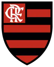 An escutcheon with horizontal red and black stripes, with a monogram of the letters CRF in its upper-left part