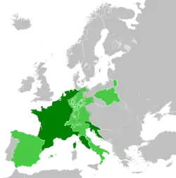 The French First Empire in 1812 (green), with its client states in light green