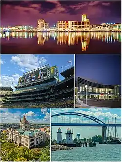 Clockwise from top: Downtown Green Bay, Resch Center, Leo Frigo Memorial Bridge, Brown County Courthouse, Lambeau Field