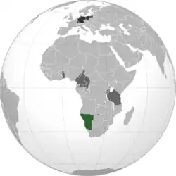 Green: German South West AfricaDark Grey: Other German possessionsBlack: German Empire

Note: The historical extent of German territories are depicted over present-day political borders.