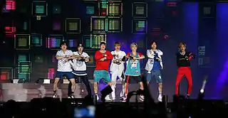 GOT7  performing Just Right at the 2015 Summer K-POP Festival.   From left to right: JB, Jackson, Jinyoung, Yugyeom, Mark, Youngjae, BamBam