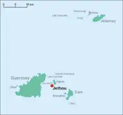 This is a map of the Bailiwick of Guernsey. Jethou is just south of Herm.