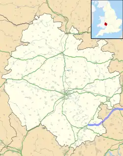 Map of Herefordshire, with a red dot showing the location of Leominster