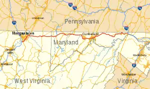 Map of a road that stretches across northern West Virginia and northwestern Maryland.