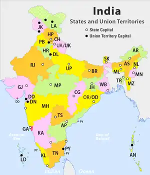 These are the states and territories of India, including 29 states and 7 union territories.