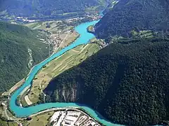 Aerial view of the Soča river to the south of Tolmin.