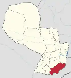 Location of Itapúa, in red, in Paraguay